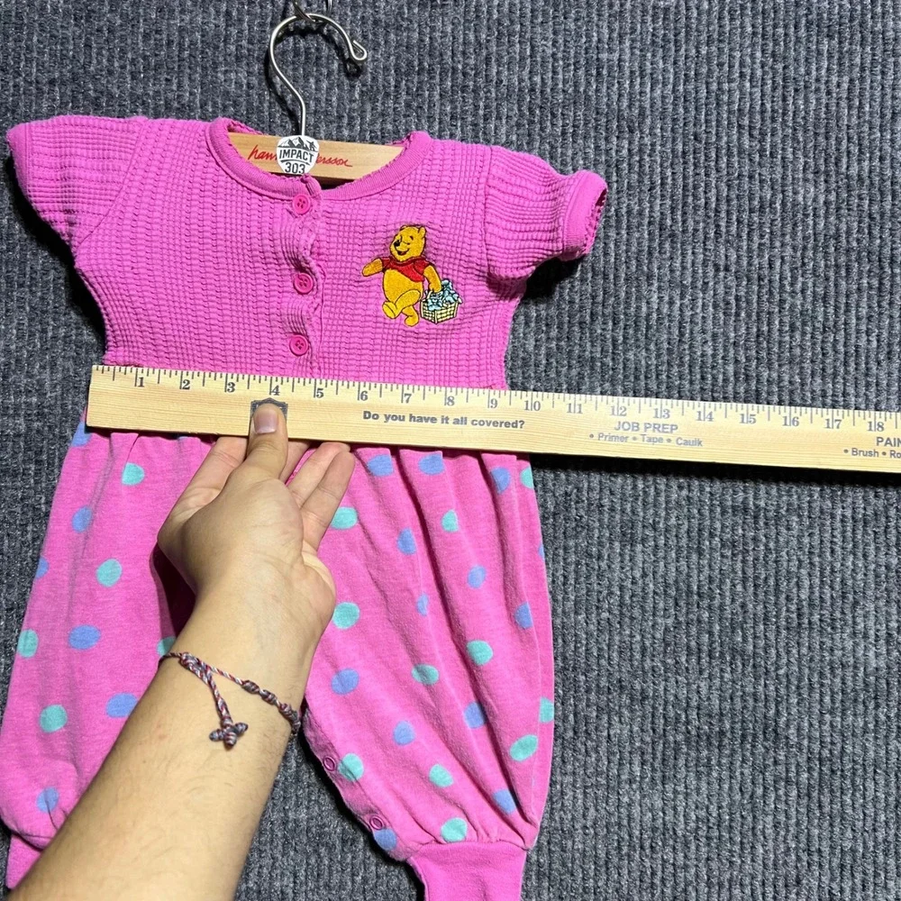 Vintage Winnie The Pooh Romper Kids 9M Pink Polka Dot Waffle Knit Embroidered